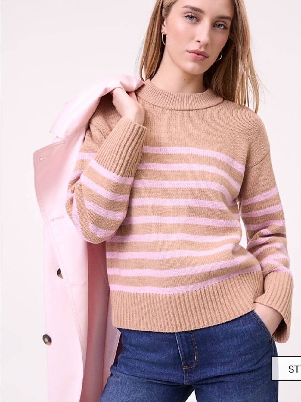 Ann Taylor Pink and Tan Striped Crewneck Sweater — NWT